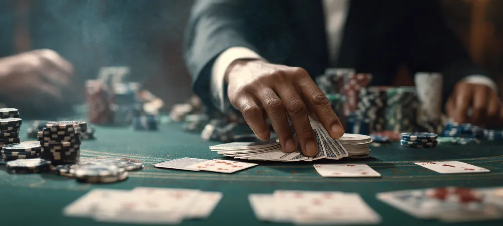 a professional poker player shuffling and dealing cards