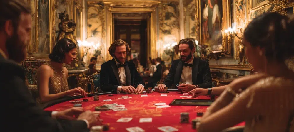 people playing poker on a poker table in a palace