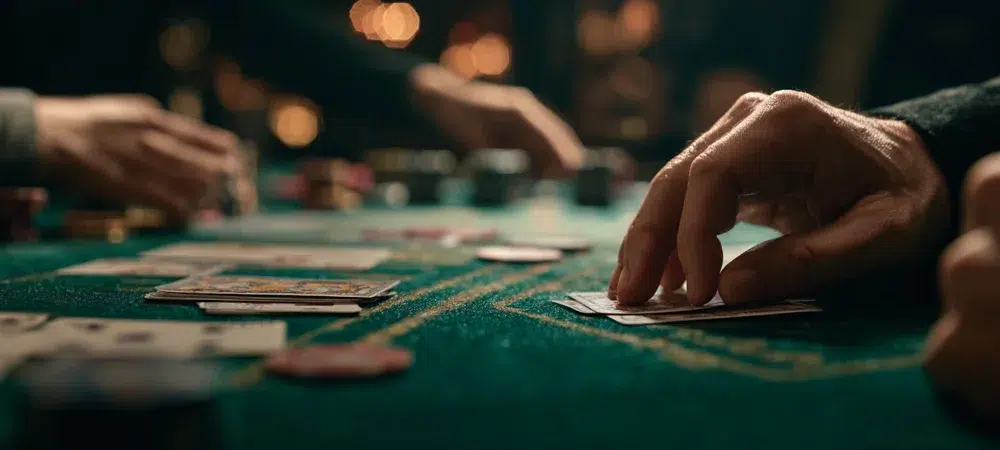 a person holding poker cards in a casino