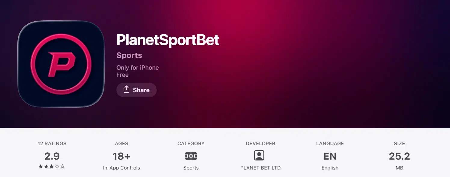 Mobile app Planetsportbet