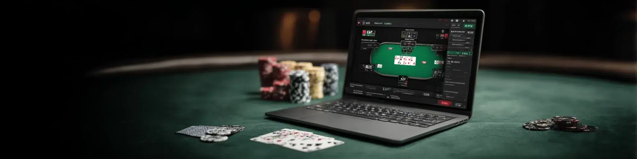 Laptop showing an online poker table on a green felt surface with chips and cards