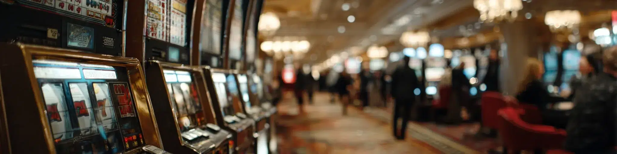 Row of slot machines on a busy luxury casino floor with chandeliers