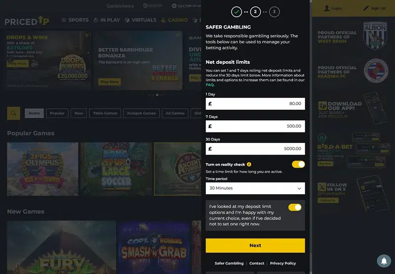 PricedUp responsible gambling screenshot