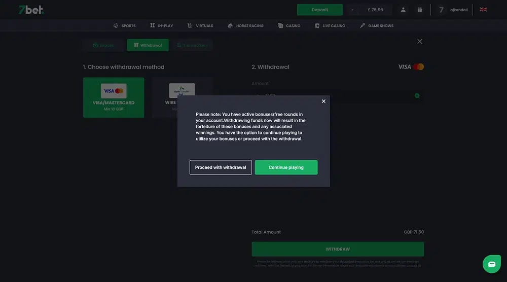 Forfeiting 7bet bonus wins